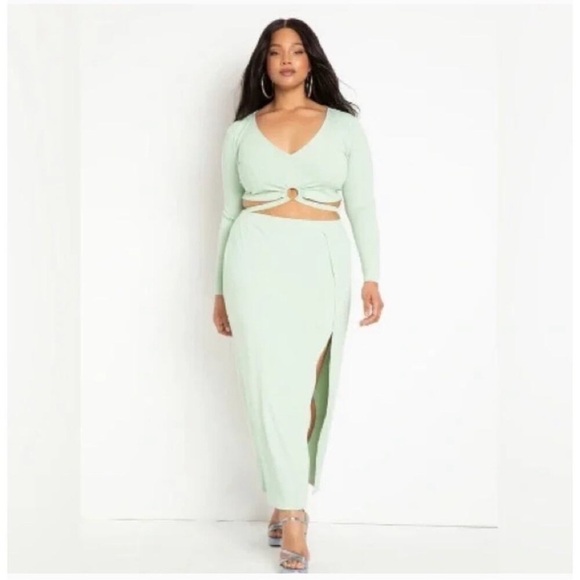 NWT Eloquii Women's Green Ribbed Slit Leg Pull On-Long Stretch Maxi Skirt 22-24 - Picture 3 of 13
